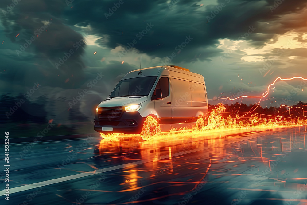 Super fast delivery package service, van with wheels on fire on road Super fast delivery package service, van with wheels on fire on road