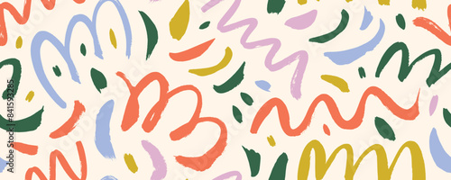 Retro style doodle lines seamless banner design. Hand drawn crayon childish drawing, colorful confetti seamless pattern. Abstract geometric decorative background with messy doodles and squiggles.