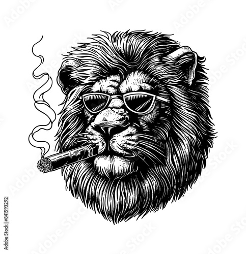 lion, wears retro hat sunglasses and smoking cigarette engraving black and white outline