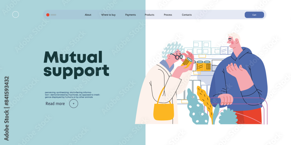 Mutual Support: Helping a visually impaired person -modern flat vector concept illustration of man offering to read label for woman in supermarket A metaphor of voluntary, collaborative exchanges Mutual Support: Helping a visually impaired person -modern flat vector concept illustration of man offering to read label for woman in supermarket A metaphor of voluntary, collaborative exchanges