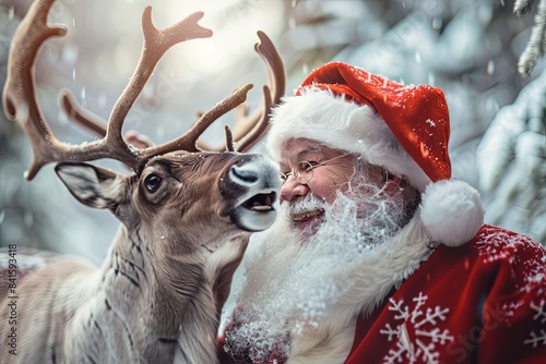Santa clause laughing with his Reindeer, red coat