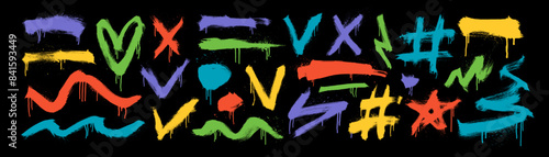 Collection of colorful brush drawn symbols and underlines with spray painted texture and drips. Hand drawn rough bold object for collages, presentations and diagrams. Bold graffiti style shapes.