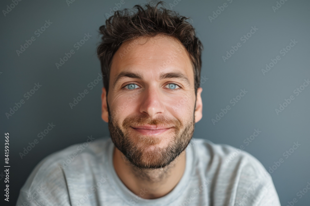 A close up portrait of a young man with a subtle smile A close up portrait of a young man with a subtle smile