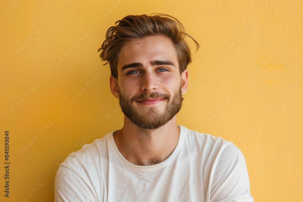 A close up portrait of a young man with a subtle smile A close up portrait of a young man with a subtle smile
