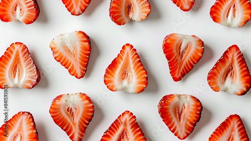 Freshly sliced strawberries arranged neatly on a clean white background.