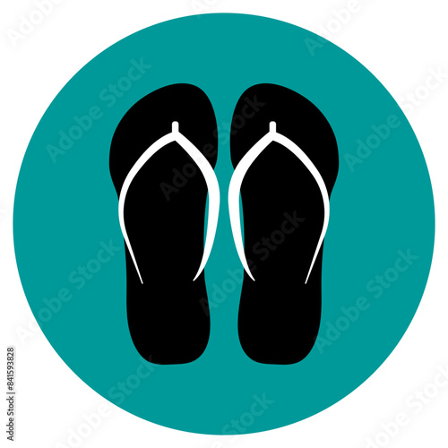 
Illustration depicting summer beach flip-flops in black, in a green circle on a white background