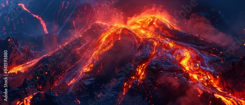 A volcano erupts at night, spewing molten lava down its sides, showcasing the awesome power and energy ready to explode.