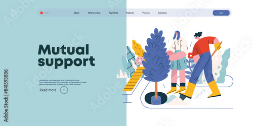 Mutual Support: Community yard improvement -modern flat vector concept illustration of people planting trees and plants A metaphor of voluntary, collaborative exchanges of resource, services