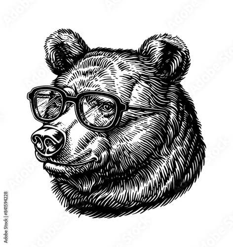 bear, wears black framed eyeglasses engraving black and white outline