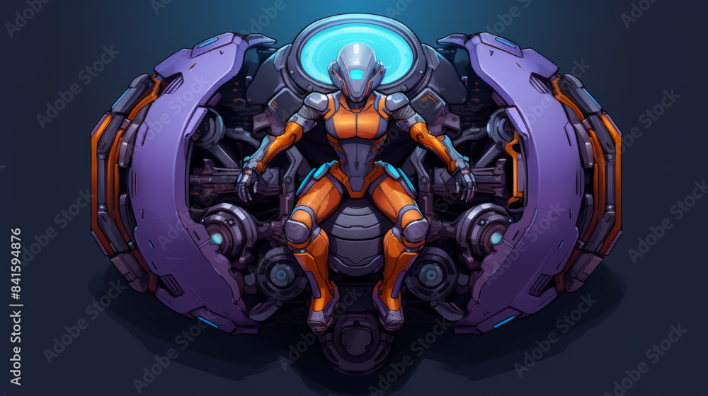 A woman is sitting in a purple and orange robot A woman is sitting in a purple and orange robot