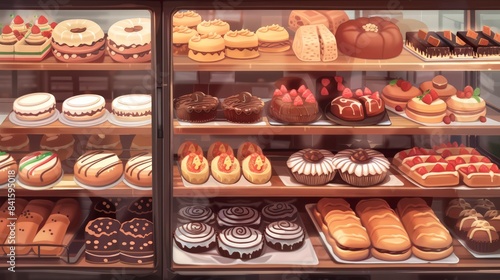 Illustrate a scene of a bakery display case filled with chocolate pastries, cakes, and cookies, tempting anyone with a sweet tooth.