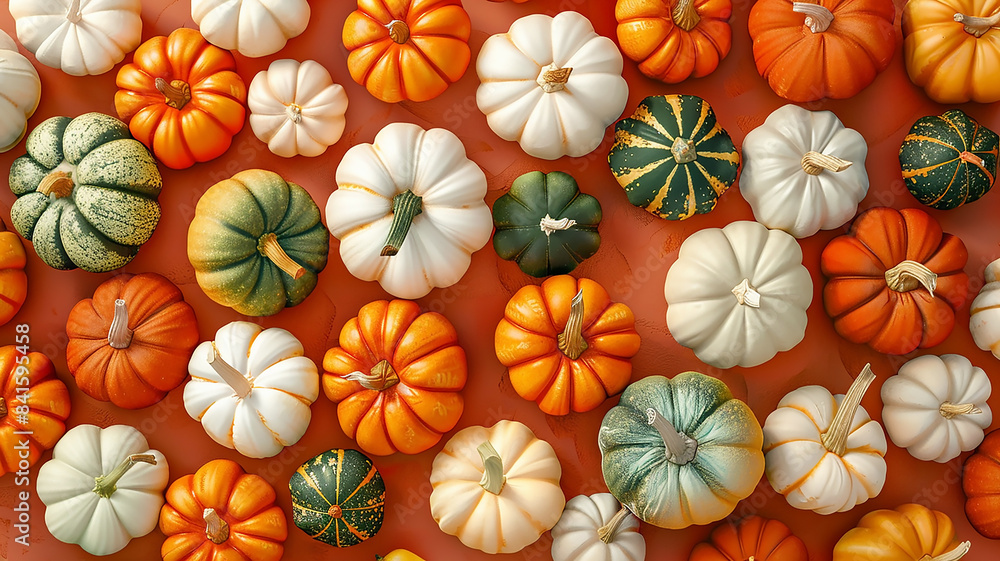 Lots of natural orange and white pumpkins, pumpkin background