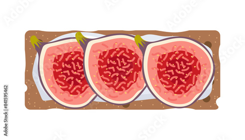 Rye crispbread with fig isolated on white background, top view. Crispbread with cream cheese and fig slices. Fiber, fitness and diet food. Healthy snack Design for menu cafe, cooking class, recipe