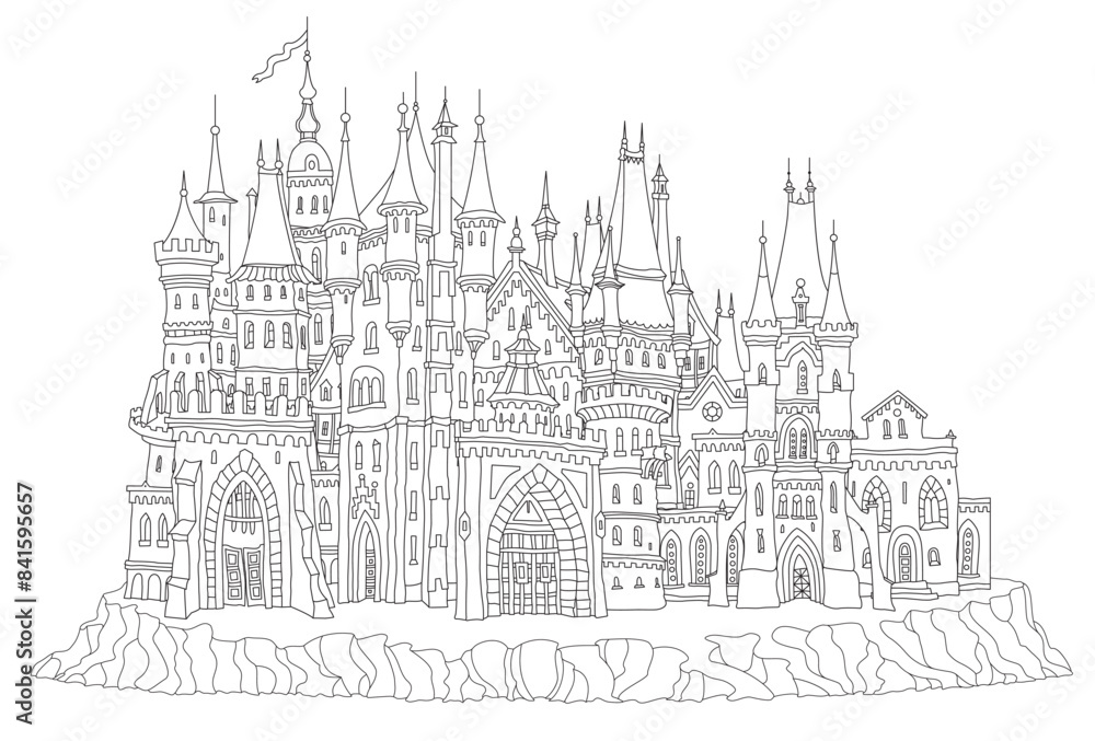 Fairy tale castle on a hill. Coloring book page Fairy tale castle on a hill. Coloring book page