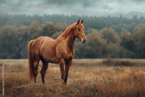 Brown horse stands in field with trees in background