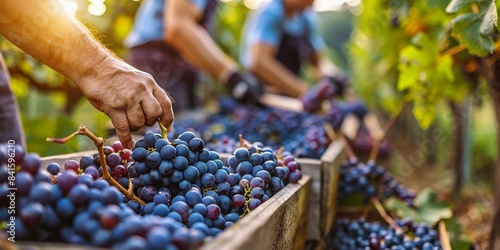Workers harvesting grapes in a vineyard at sunset, highlighting the beauty and labor of grape cultivation.
