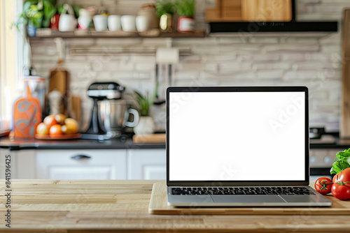 Modern laptop with blank screen on wooden table in blurred kitchen