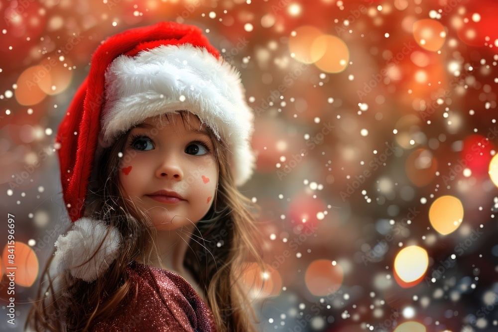 Adorable Child Wearing Santa Hat with Bokeh Holiday Lights Background Adorable Child Wearing Santa Hat with Bokeh Holiday Lights Background