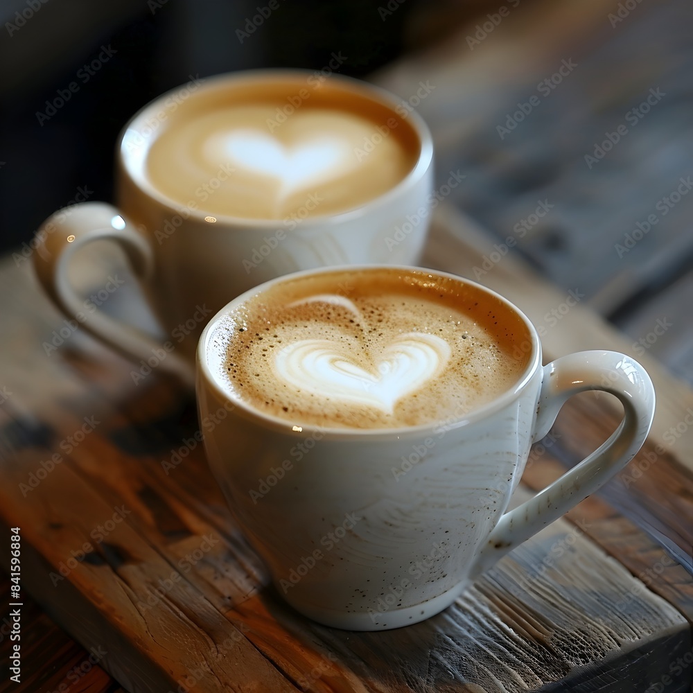 Obraz premium Cozy Heart Shaped Cappuccino Cups on Rustic Wooden Table Inviting Love and Romance Concept