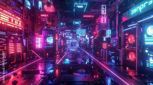 A dynamic scene with LED lights, neon flares, representing future tech.