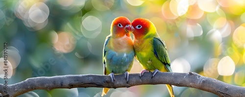 Lovingly Perched Lovebirds on Vibrant Branch Symbolizing Togetherness