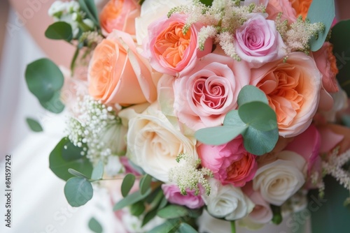 Close-up of an elegant bridal wedding bouquet with fresh roses in pastel colors  creating a romantic and sophisticated floral arrangement  perfect for a beautiful and stylish wedding ceremony d  cor
