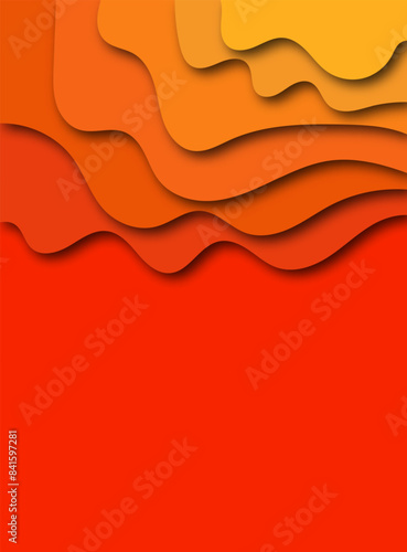 Paper cut topography relief imitation, orange colors multi layers banner. Abstract water flowing liquid texture art design, origami paper cut layer smooth shape vector illustration. Eps 10