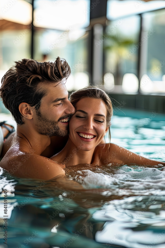 Smiling couple relaxing together in jacuzzi pool at spa Smiling couple relaxing together in jacuzzi pool at spa