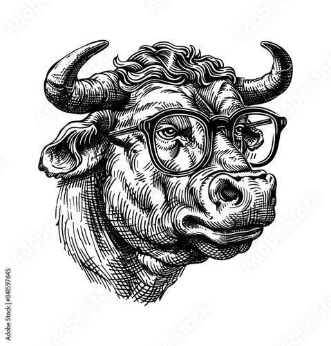 bull, wears black framed eyeglasses engraving black and white outline
