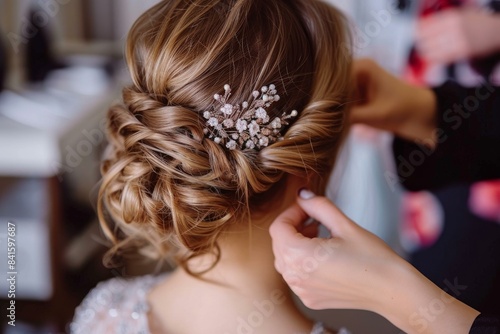 Close-up of a bride's hairstyle being finished with a decorative hairpin