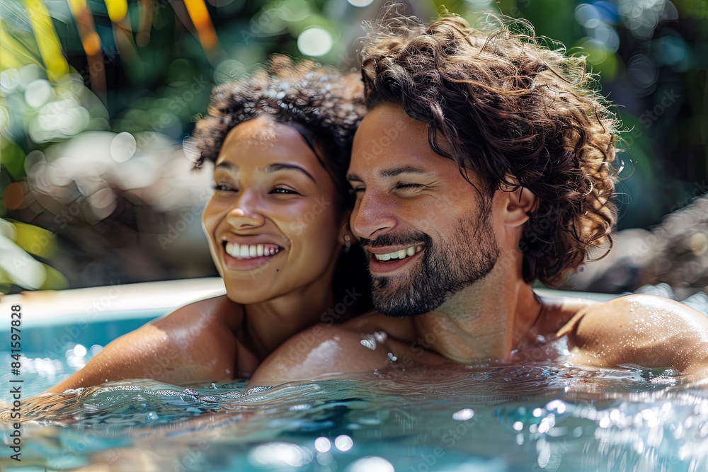 Smiling couple relaxing together in jacuzzi pool at spa Smiling couple relaxing together in jacuzzi pool at spa