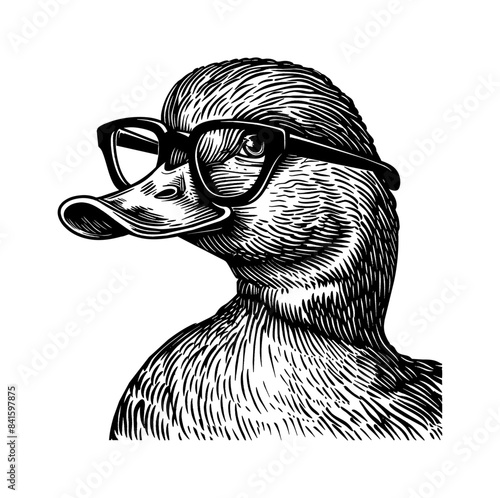 duck, wears black framed eyeglasses engraving black and white outline