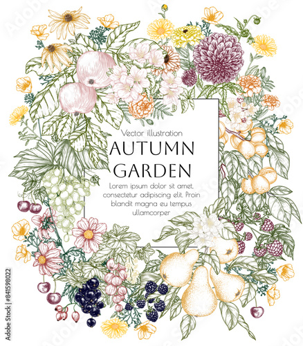 Vector frame autumn garden. Flowers, fruits, berries. Apple, pear, currant, raspberry, cherry, marigold, dahlia, calendula, blackberry, grape, rudbeckia, zinnia
