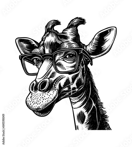 giraffe, wears black framed eyeglasses engraving black and white outline
