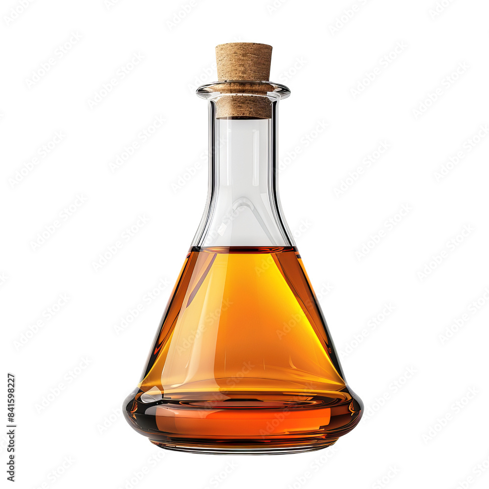 Glass flask filled with amber liquid, with a cork stopper on top, isolated on white background. Laboratory or alchemical tool. Glass flask filled with amber liquid, with a cork stopper on top, isolated on white background. Laboratory or alchemical tool.