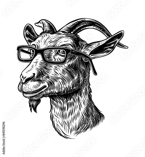goat, wears black framed eyeglasses engraving black and white outline