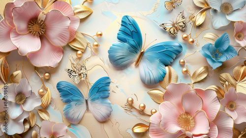 3d wallpaper with  butterflies, golden flowers and leaves, textured background for interior decoration, 