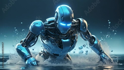 Robot is swimming in a luminous glow surrounded by jumbled numbers, set against a blue backdrop with rippling waves photo