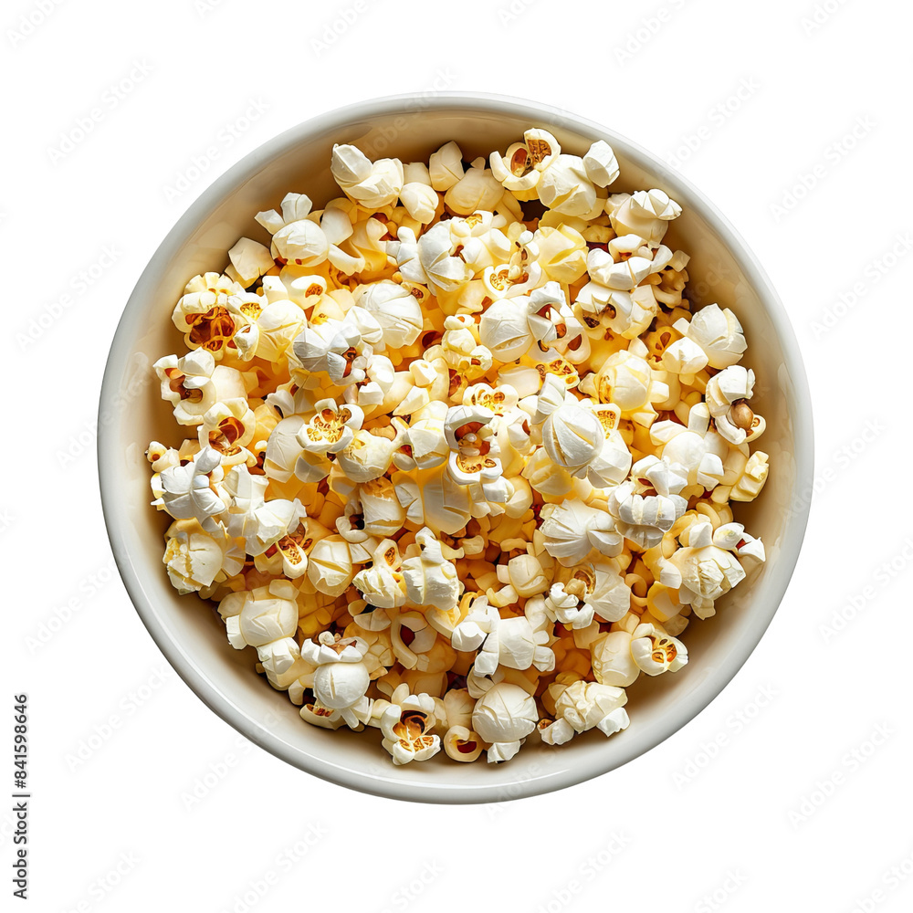 Top view of a bowl of popcorn on a white background, perfect for snack time or movie night scenes, showcasing fresh and tasty popped corn. Top view of a bowl of popcorn on a white background, perfect for snack time or movie night scenes, showcasing fresh and tasty popped corn.