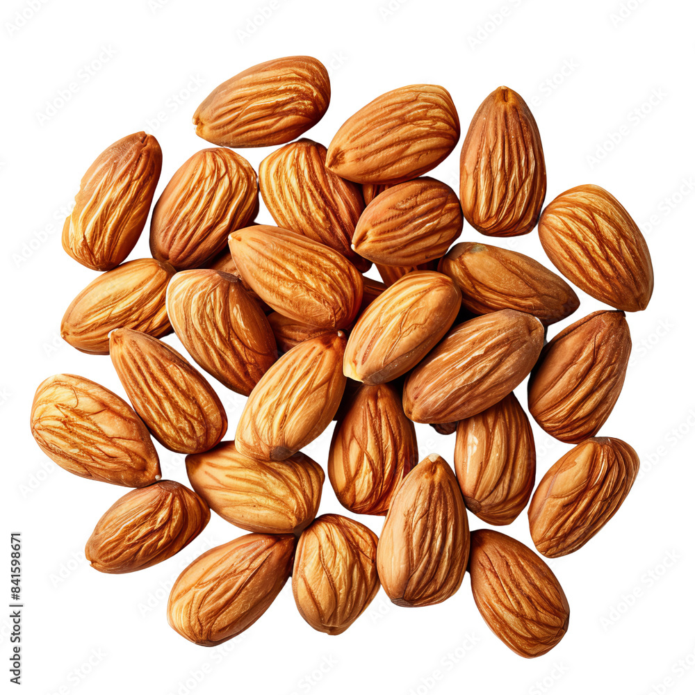 Top view of a pile of raw almonds isolated on a white background, showcasing fresh and healthy nuts ready for a natural snack. Top view of a pile of raw almonds isolated on a white background, showcasing fresh and healthy nuts ready for a natural snack.