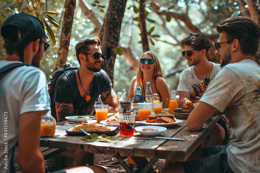 A group of people are gathered around a long table with food and drinks A group of people are gathered around a long table with food and drinks