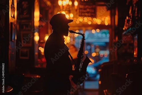 silhouette of a man playing the saxophone. jazz cafe. musician