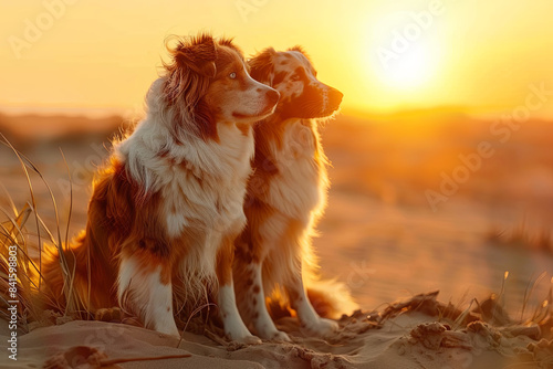 Australian Shepherd dogs in sunset light  beautiful animal portrait