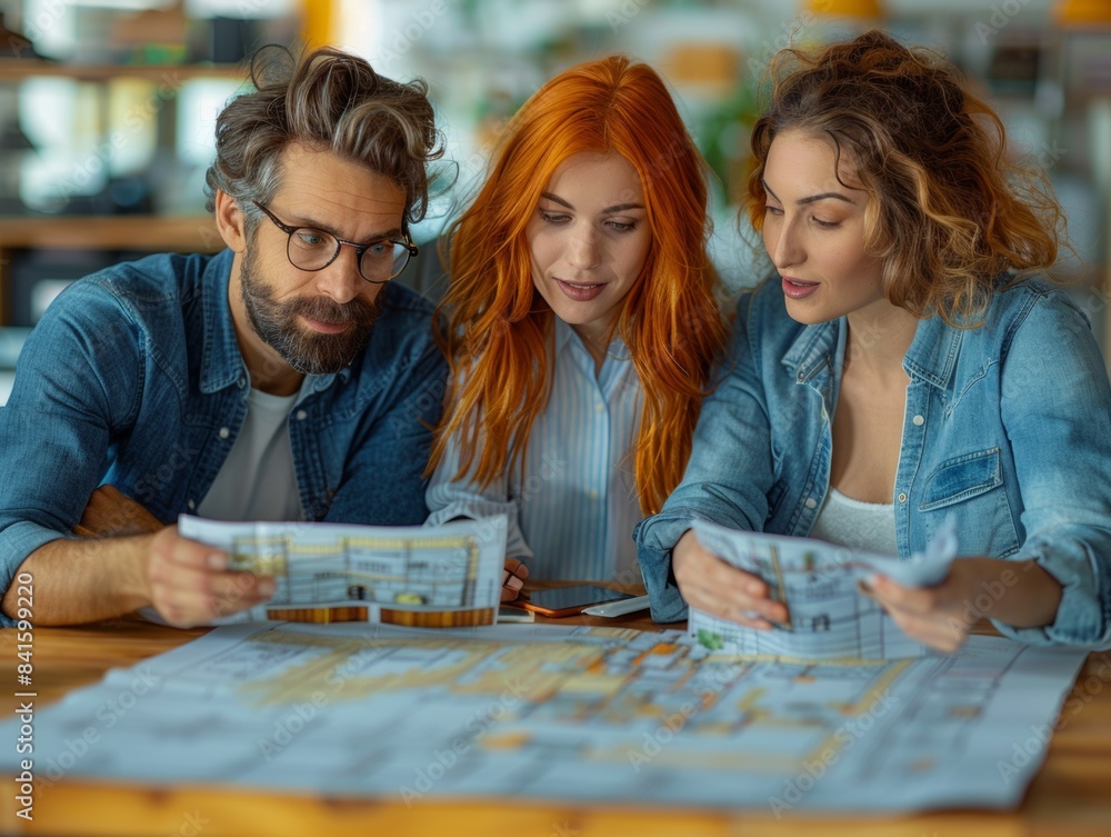 Young Couple Examining House Floor Plan with Real Estate Agent in Bright Office Space Young Couple Examining House Floor Plan with Real Estate Agent in Bright Office Space