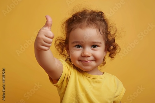 smiling toddler with thumb up isolated on pastel yellow background