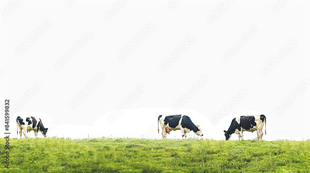 Dairy cows, Black and white color pattern cows, grazing in the farm pasture. white background. Cattle farm. Dairy cows, Black and white color pattern cows, grazing in the farm pasture. white background. Cattle farm.
