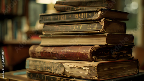 A stack of old books with a lamp on top