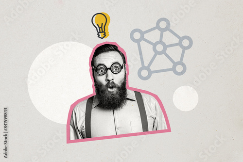 Composite photo collage of astonished bearded guy businessman find idea solution project light bulb isolated on painted background photo