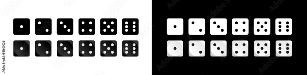Vector dice game with white and black cubes. Dice icon. Craps. Six dice set. Sides of the dice Vector dice game with white and black cubes. Dice icon. Craps. Six dice set. Sides of the dice