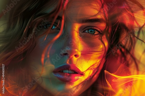 Portrait of a young woman bathed in vibrant, fiery light with a captivating gaze